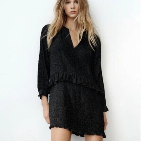 Zara Micro Dot Crinkled Ruffle Tiered Mini Dress XL - Picture 4 of 5